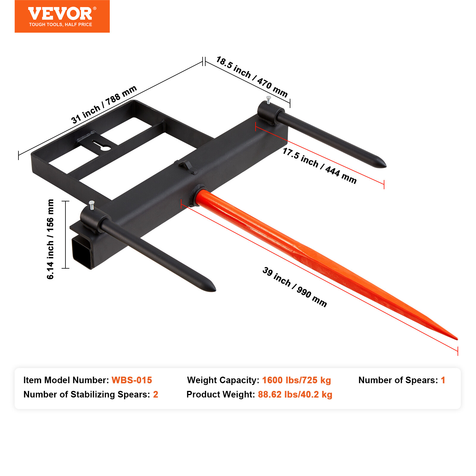 VEVOR 39" Hay Spear Bale Spear Skid Steer Loader Tractor Bucket Attachment