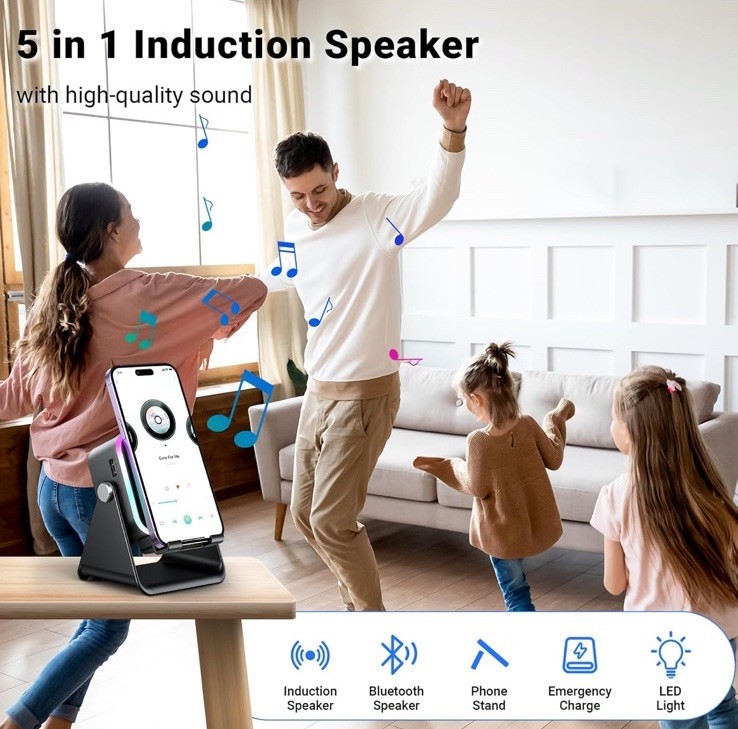 Wireless Induction Speaker 5-in-1 Bluetooth Speaker with Phone Black