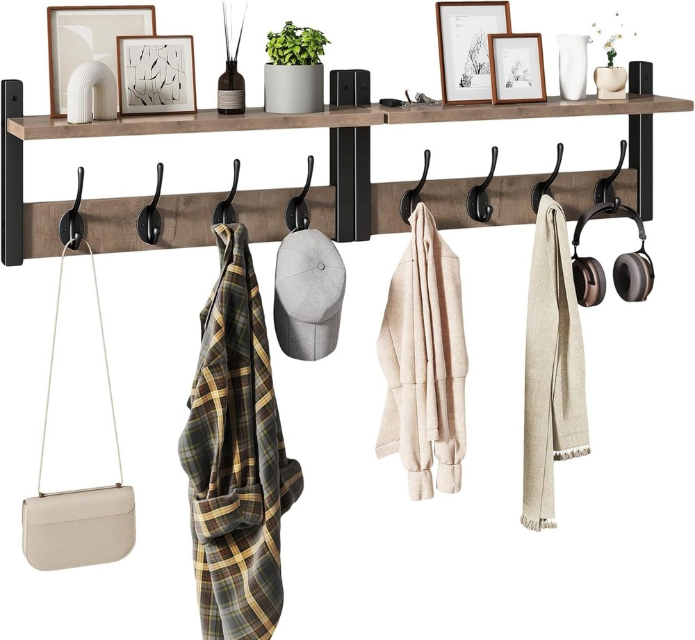 Versatile Wall Coat Hooks with Floating Shelf - 8 Hooks, 2 Pack in Silver Gray