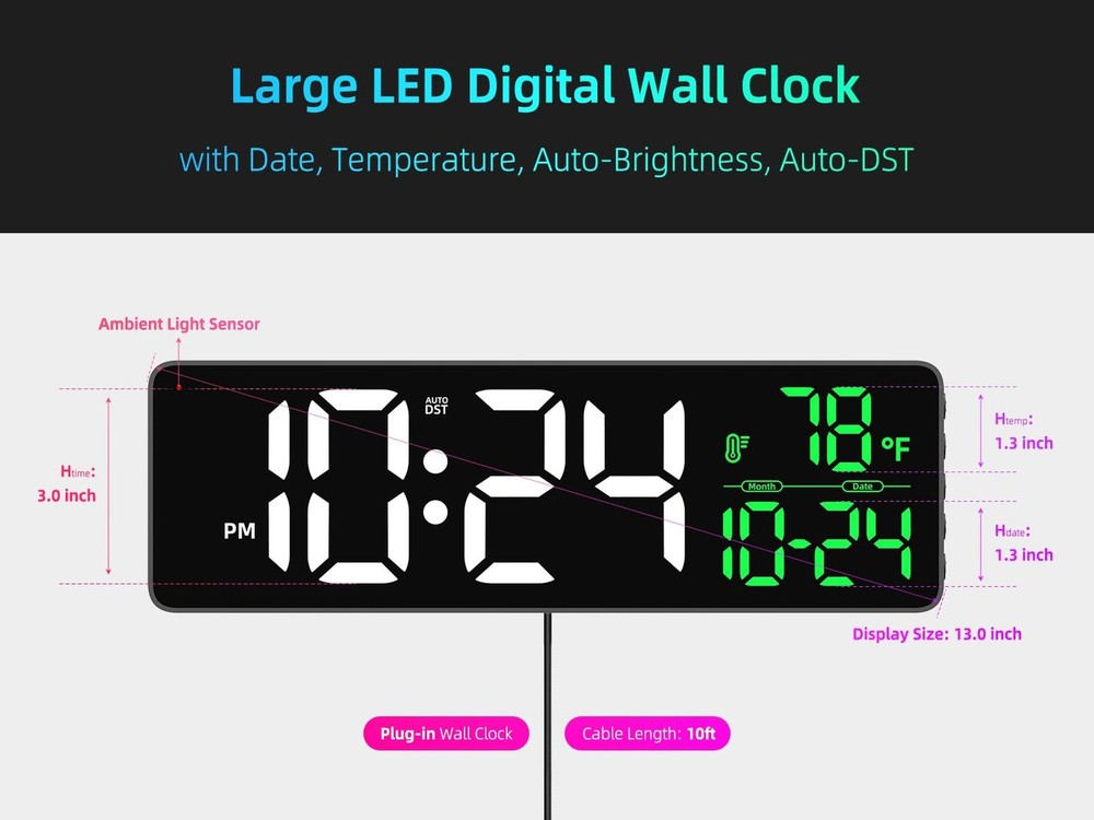 Large LED Digital Wall Clock with Date, Temperature, Auto-Brightness, Auto-DS...