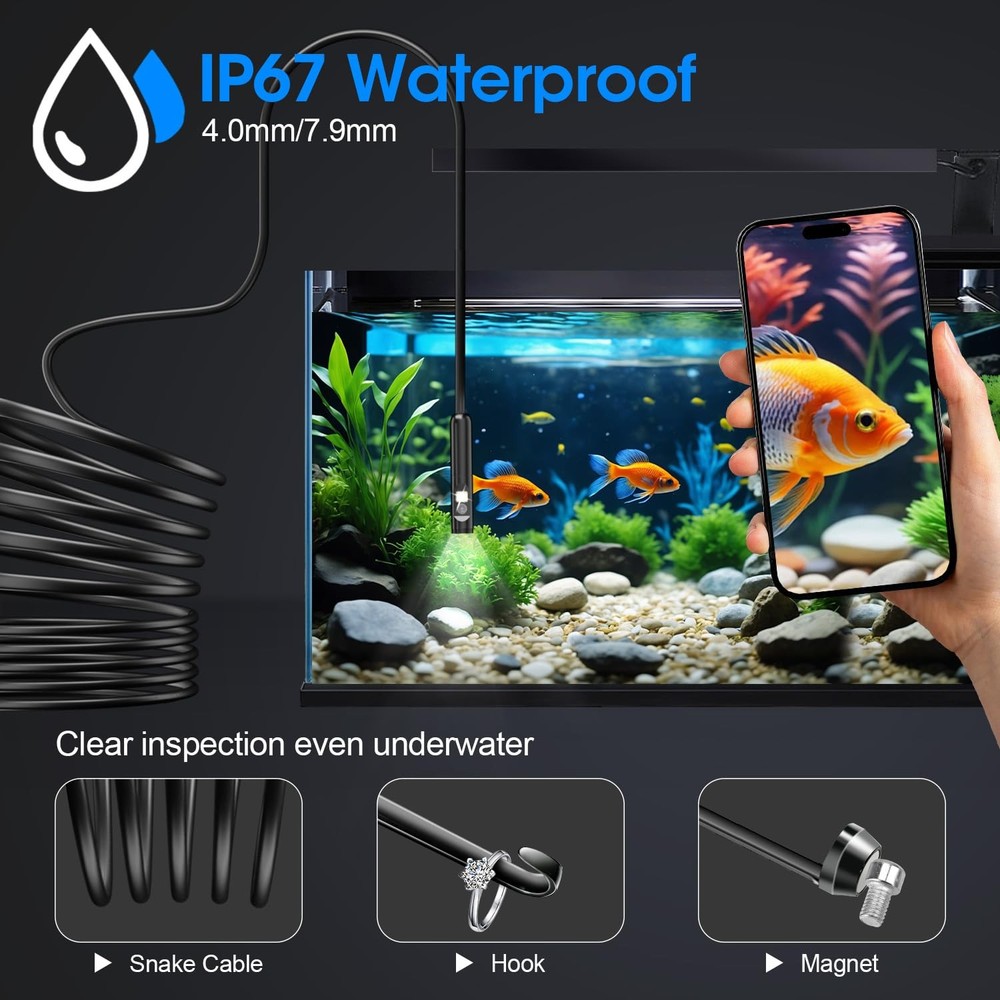 Endoscope with Light, 1920P HD Borescope 8 Adjustable LED 16.4FT, black