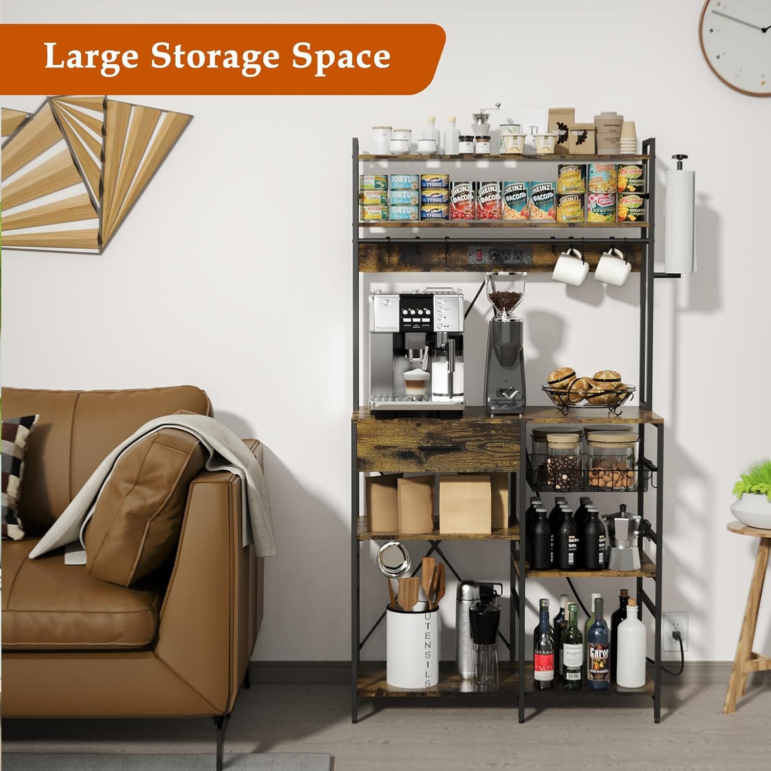 Kitchen Storage Shelf with Power Outlet, 6-Tier Adjustable with Drawer & Baskets