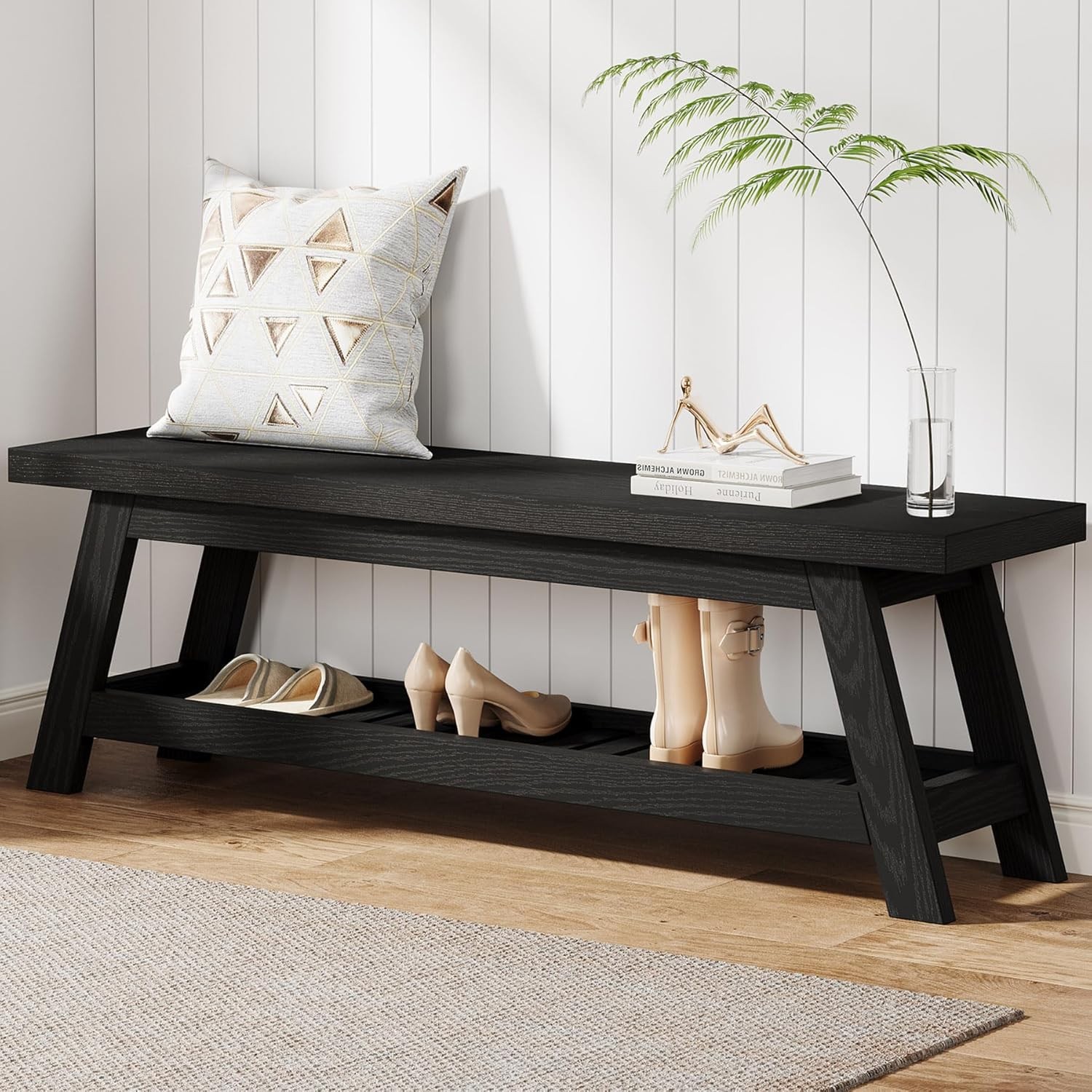 55'' Wooden Entryway Bench Narrow Hallway Foyer Seating Bench with Shoe Storage