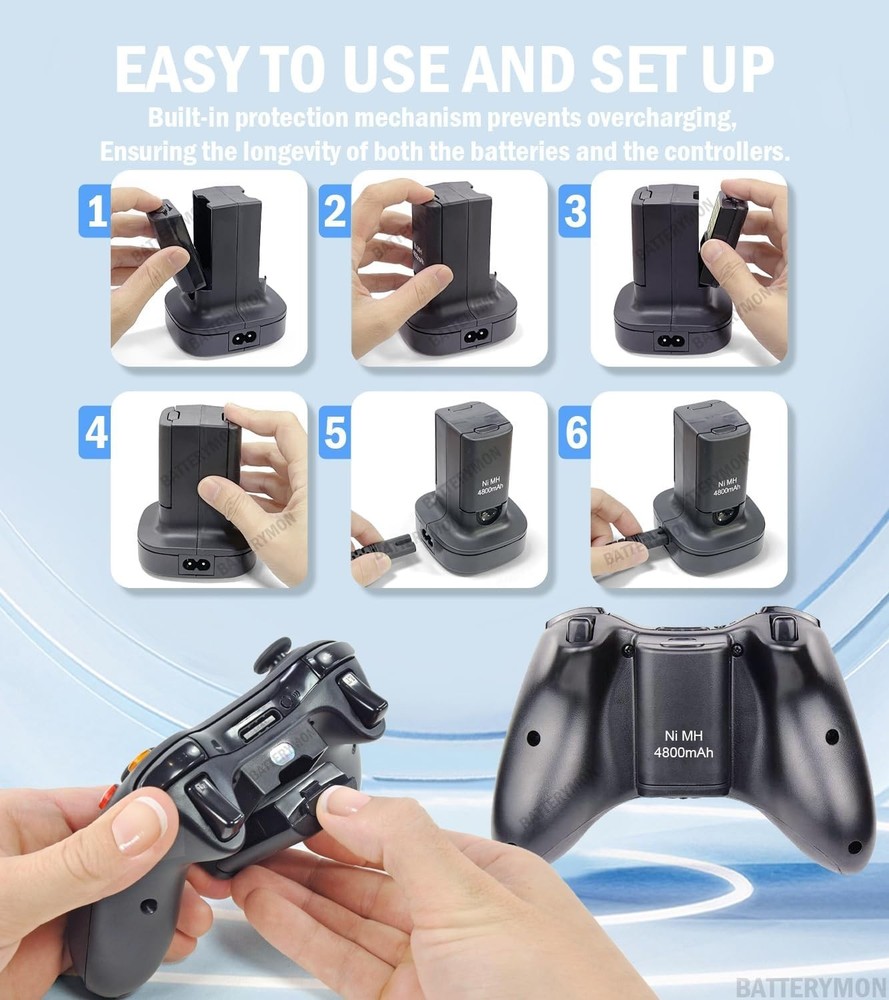 Dual Charging Station & 2Pack 4800mAh Rechargeable Xbox 360 Battery Solution