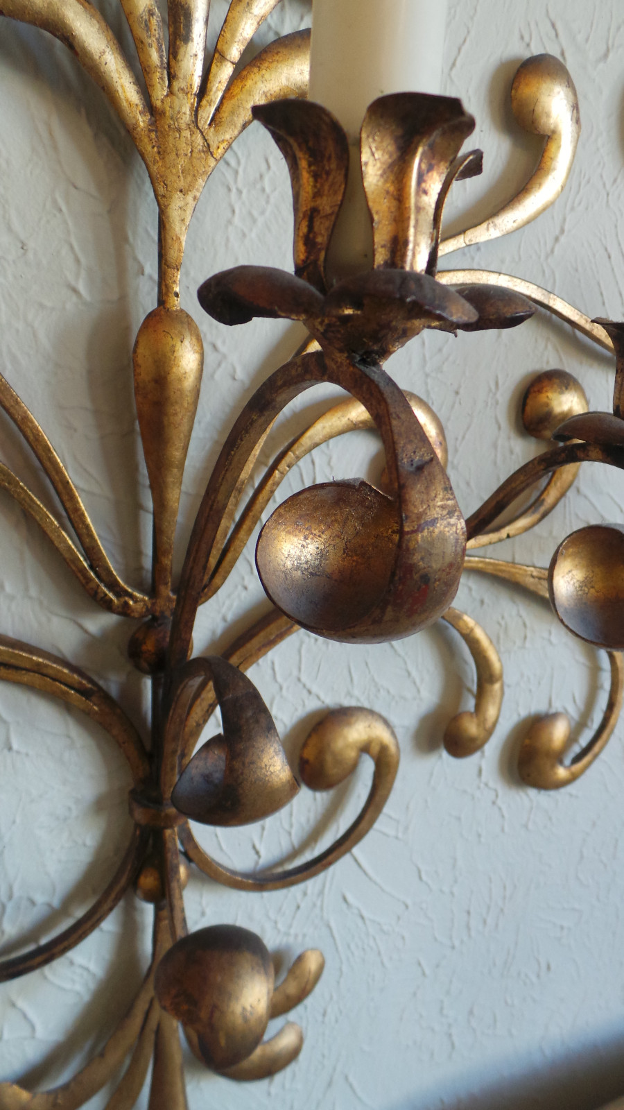 ANTIQUE ORIGINAL GILDED GOLD & METAL WALL SCONCE CANDLE HOLDERS