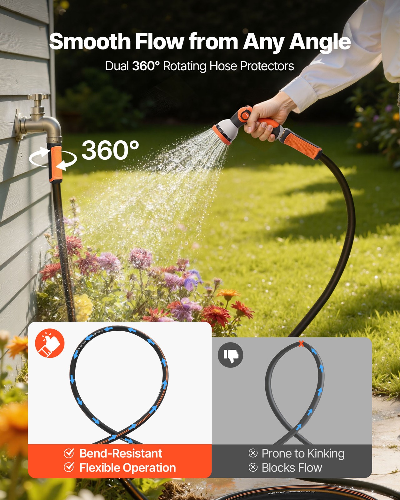 VEVOR Garden Hose 200ft 5/8" Rubber Water Hose with 10-Mode Nozzle Lightweight