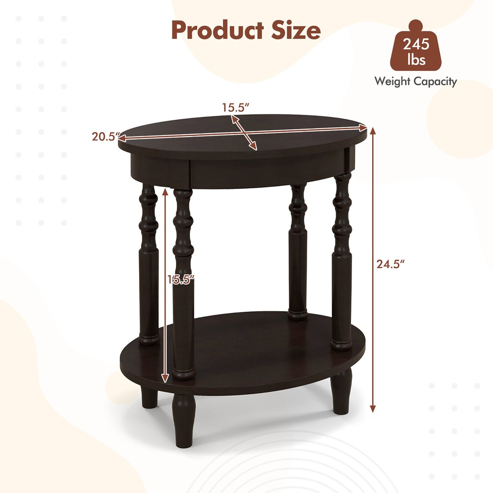 2-Tier End Table Oval Compact Sofa Side Nightstand w/ Storage Shelf Espresso