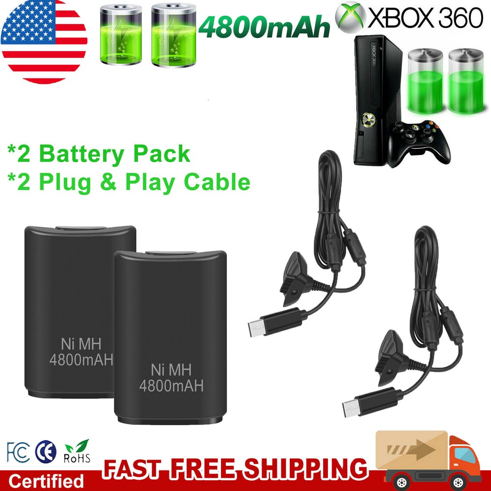 2x Rechargeable Battery Pack+ Plug & Play Cable for Xbox 360 Wireless Controller
