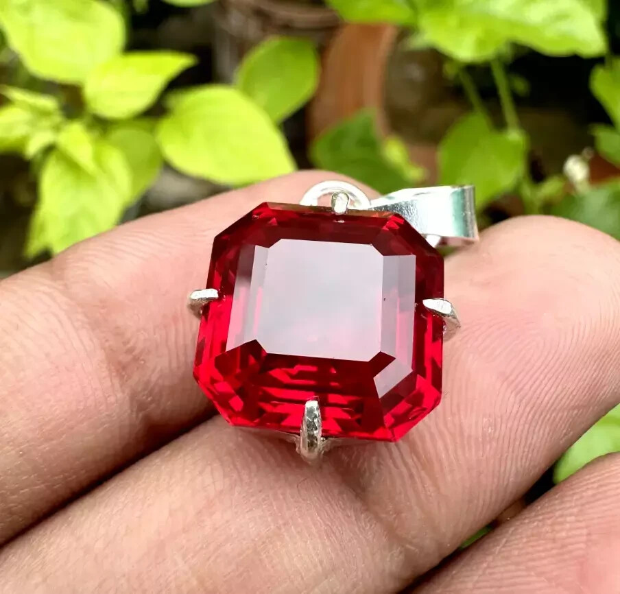 A+ Natural Red Ruby Asscher Cut 925 Solid Silver Pendant Loose Gemstone 26.6 Ct+