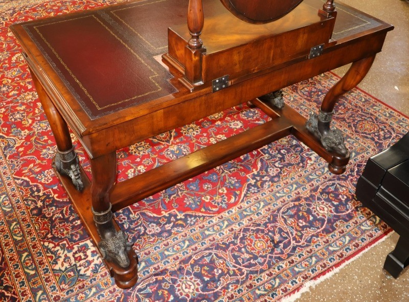 Theodore Alexander Mahogany Leather Tooled Rams Head Vanity Dressing Table
