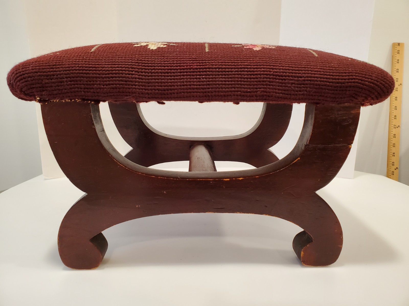 Vintage Needlepoint Foot Stool Ottoman Floral Burgundy Mahogany base