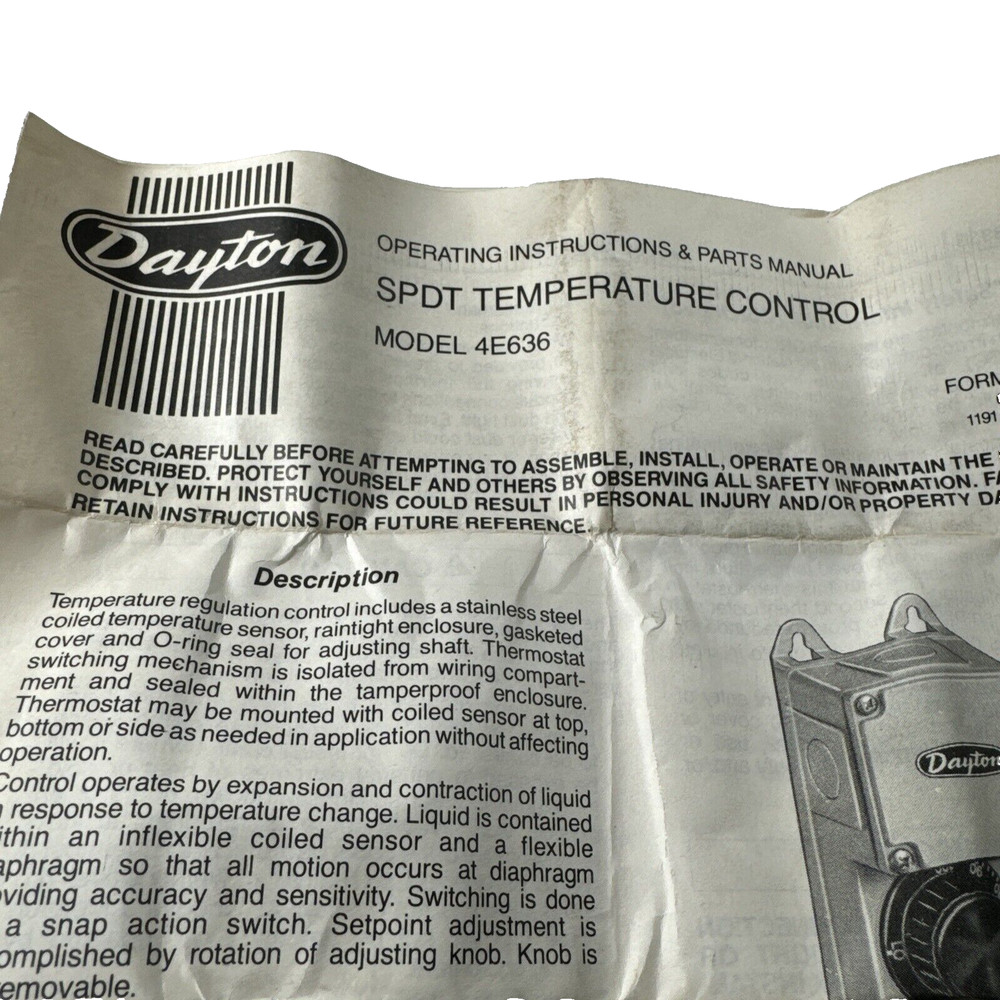 NEW OLD STOCK DAYTON SPDT TEMPERATURE CONTROL 4E-636