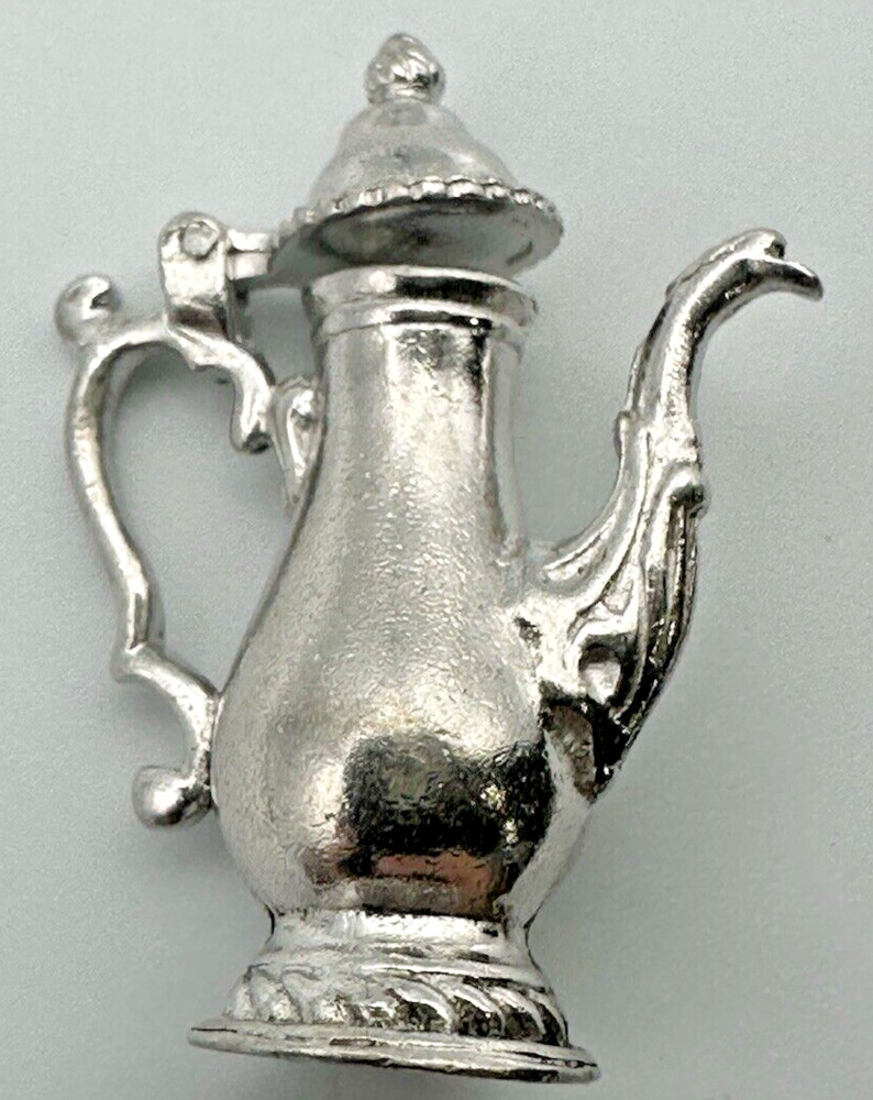 CW MINIATURE STERLING SILVER LIDDED COFFEE / TEA POT - SCROLL HANDLE - TOP OPENS