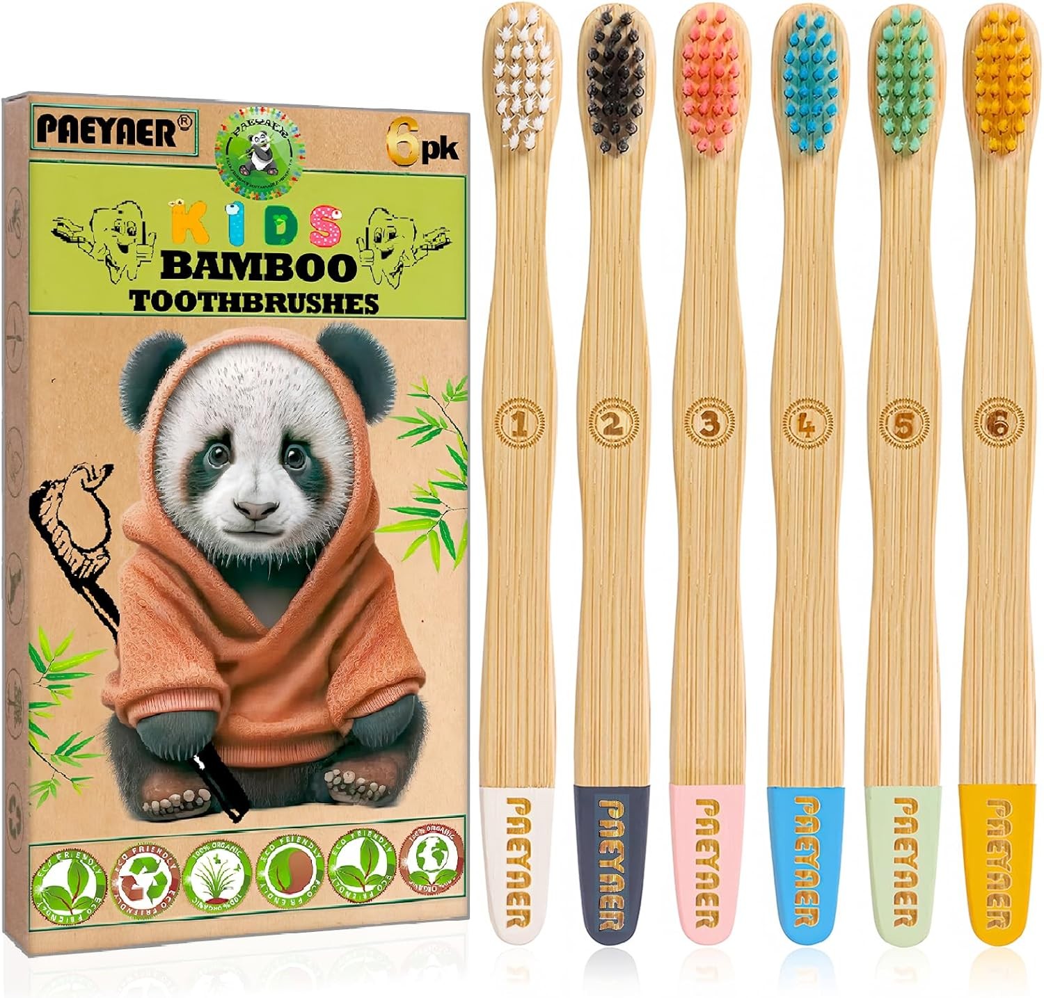 6 Pack Eco-Friendly Bamboo Toothbrushes for Kids - Extra Soft Bristles