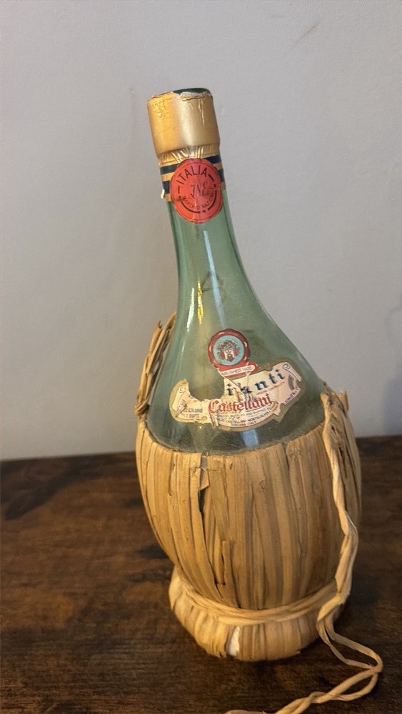 Vintage Straw Basket Chianti Bottle - Empty