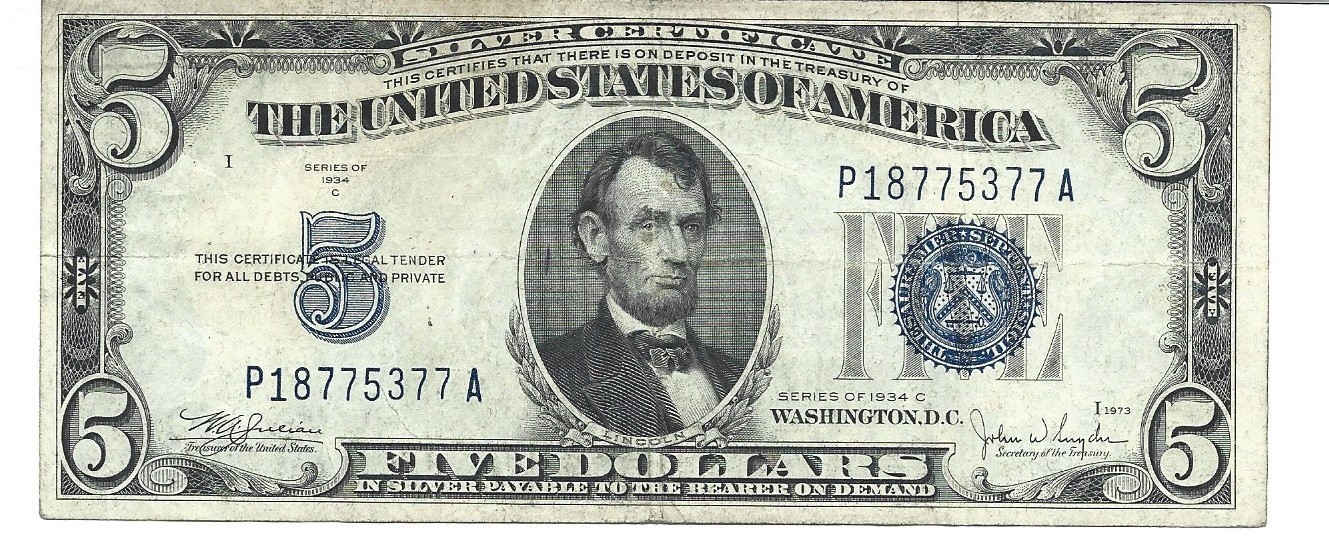 1934-C $5 Silver Certificate Mule Fr. 1653m Circ. Back Check #637 #5377