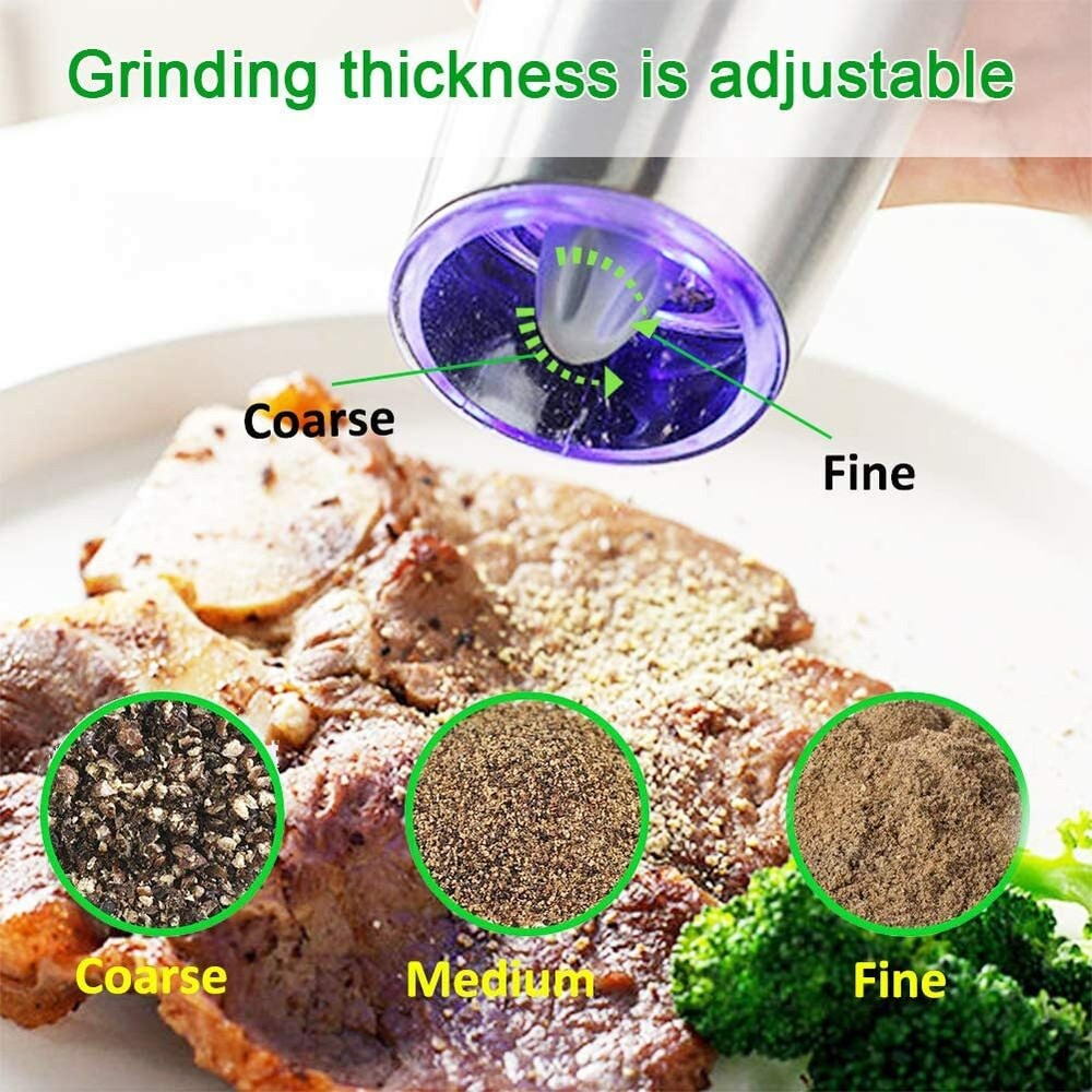 2PCS Electric Battery Salt Pepper Grinder Adjustable Shakers Automatic Stainless