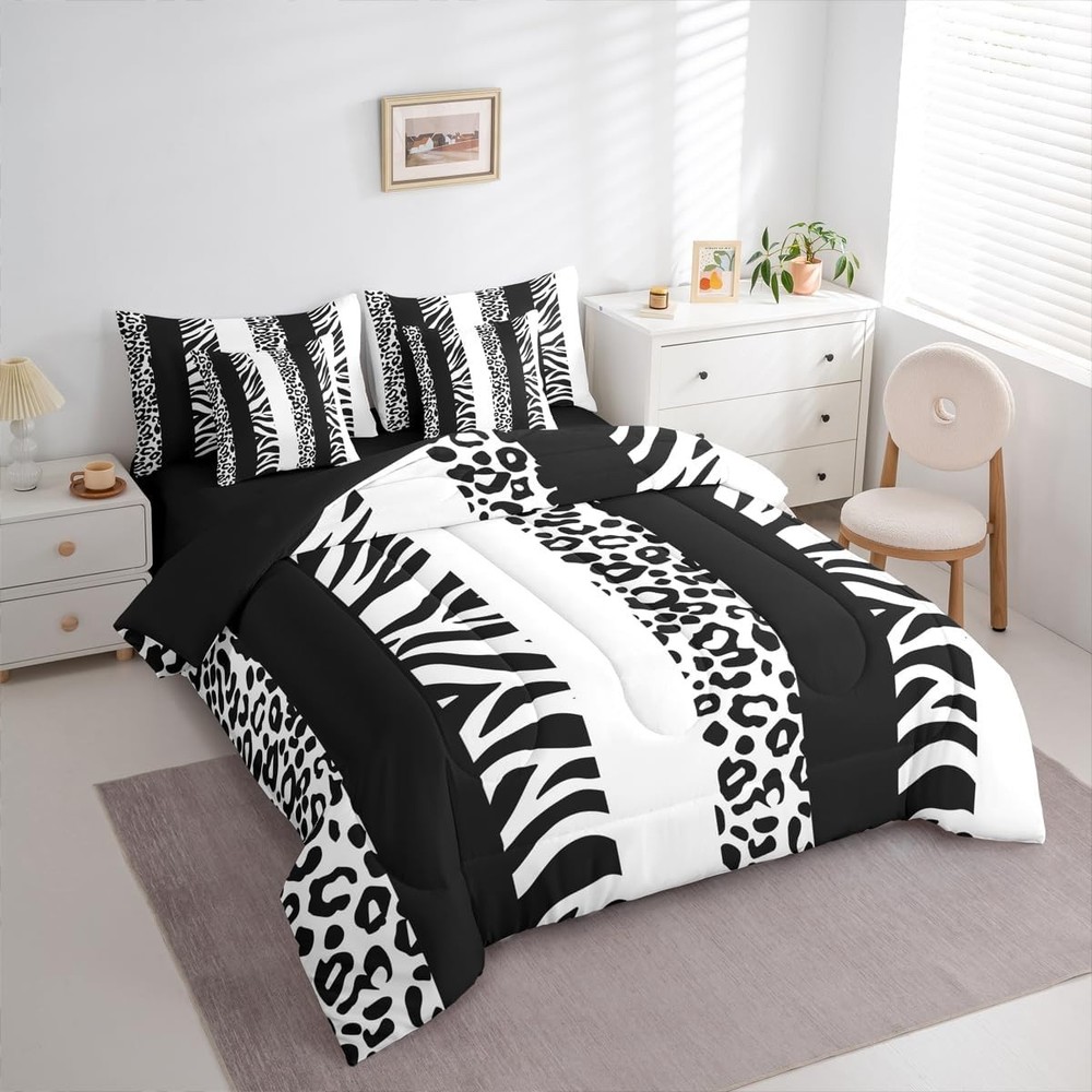 Zebra Stripes Comforter Set Size 7 Pieces Leopard Print Full Balck White