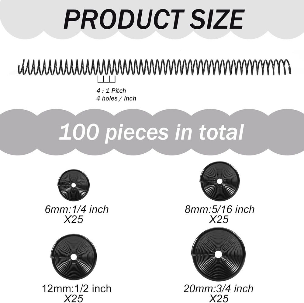 100 Pack Plastic Spiral Binding Coils 4:1 Pitch Spiral Binding Coils Binding Kit