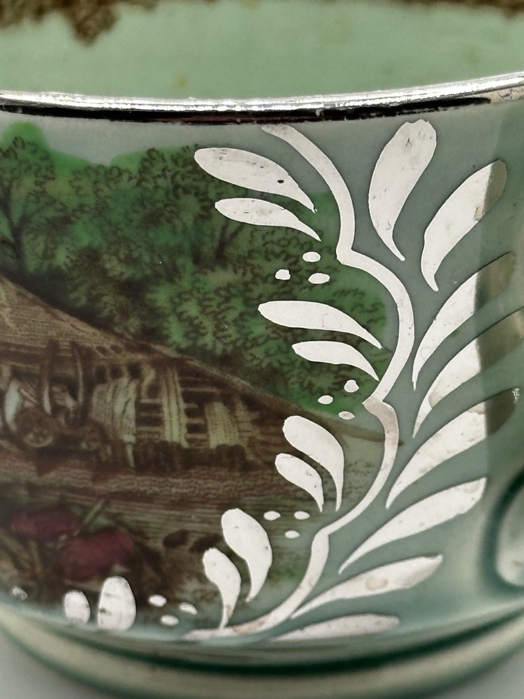 Rare Silver Overlay Pastoral Scene Poly Brown Transferware Cup