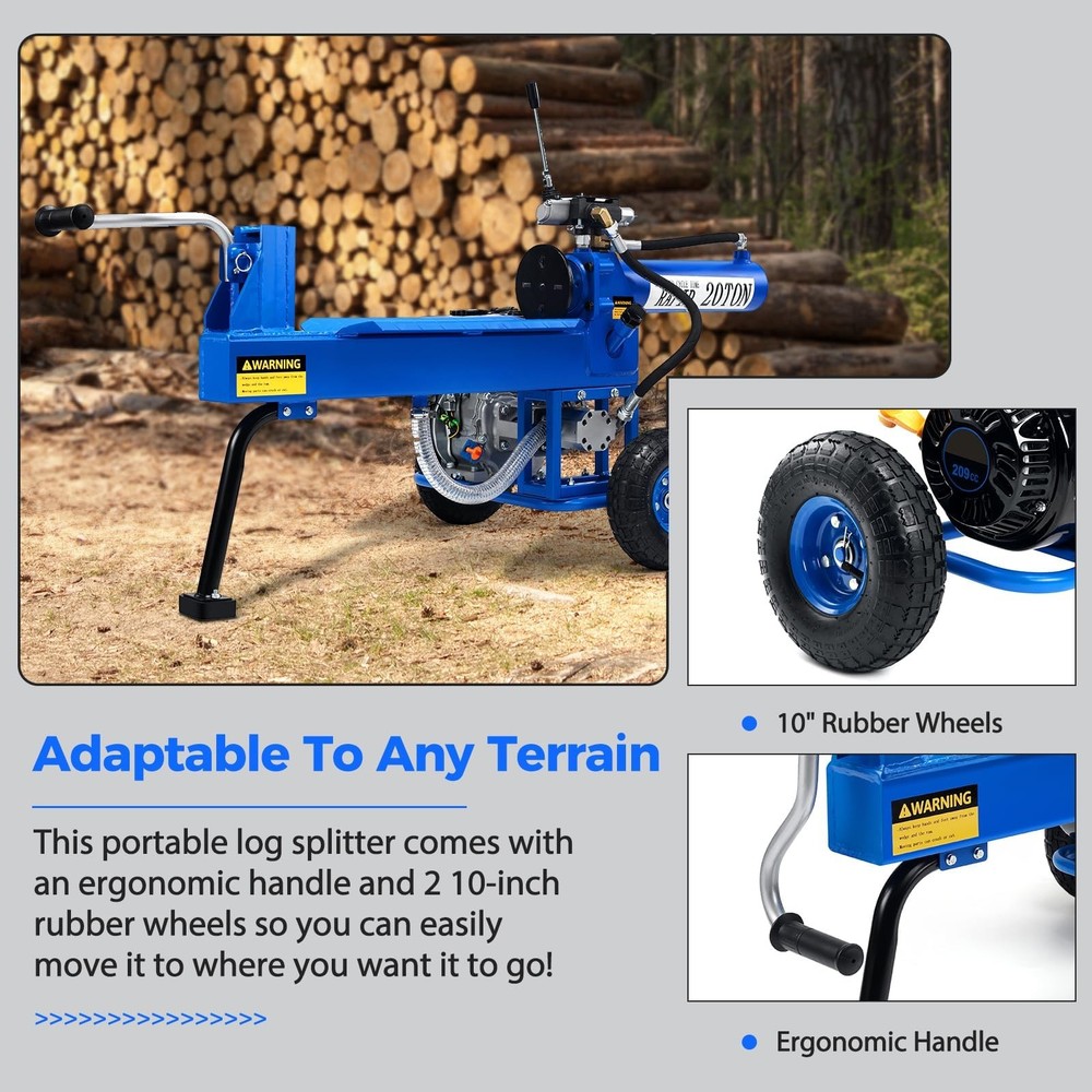 Efurden Log Splitter Portable Gas Engine 20 Ton Auto Return Ram System 7HP