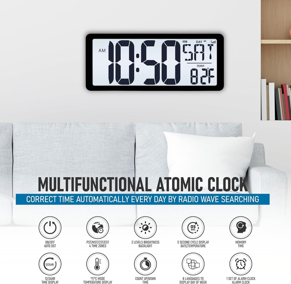 Atomic Clock with Backlight 14 2 Large Digital Wall Clock Battery...