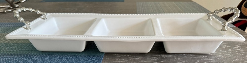 Mudpie 3 section Server 141017 white ceramic silver ball handles 19 1/2" x 8 1/4