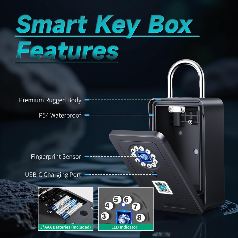 SFW New Smart Lock Boxes, Fingerprint Key Box Bluetooth with Black