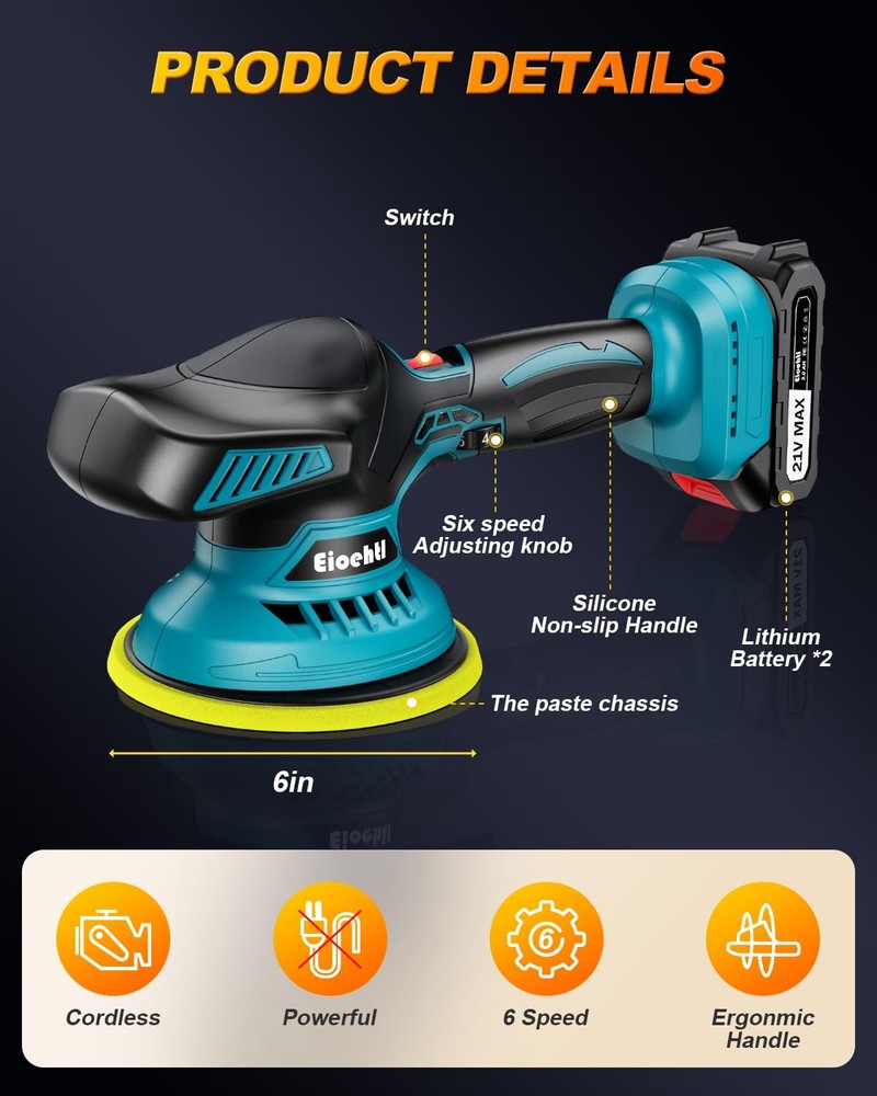 Cordless Car Buffer Polisher Kit, 6" Dual Action Random Orbital Turquoise