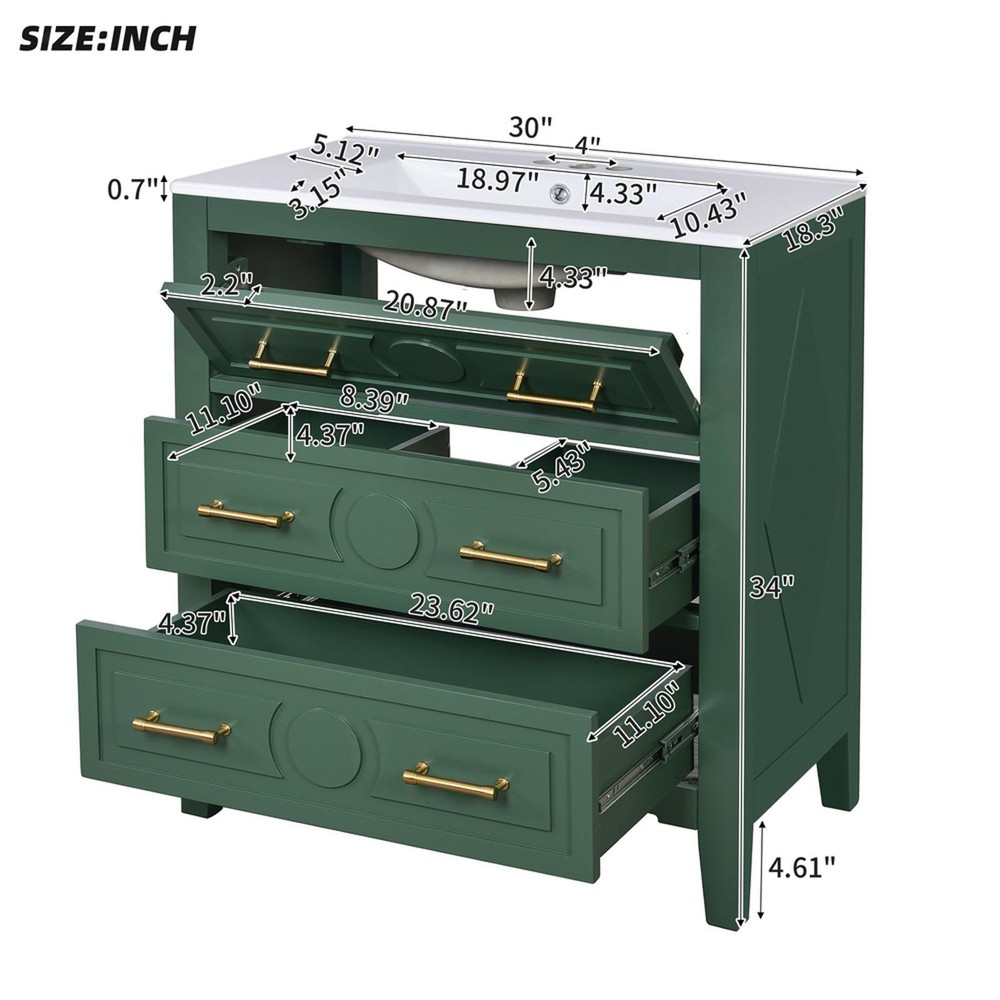 30'' Bathroom Vanity with Ceramic Sink Combo, Standing Single Vanity