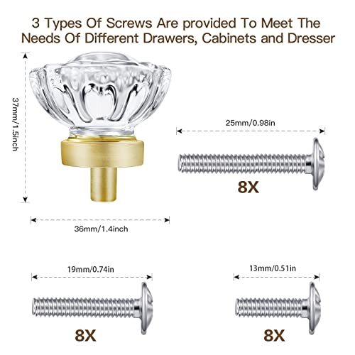 8 Pack Satin Brass Knobs for Cabinet Crystal Gold Cabinet Knobs Vintage Glass...