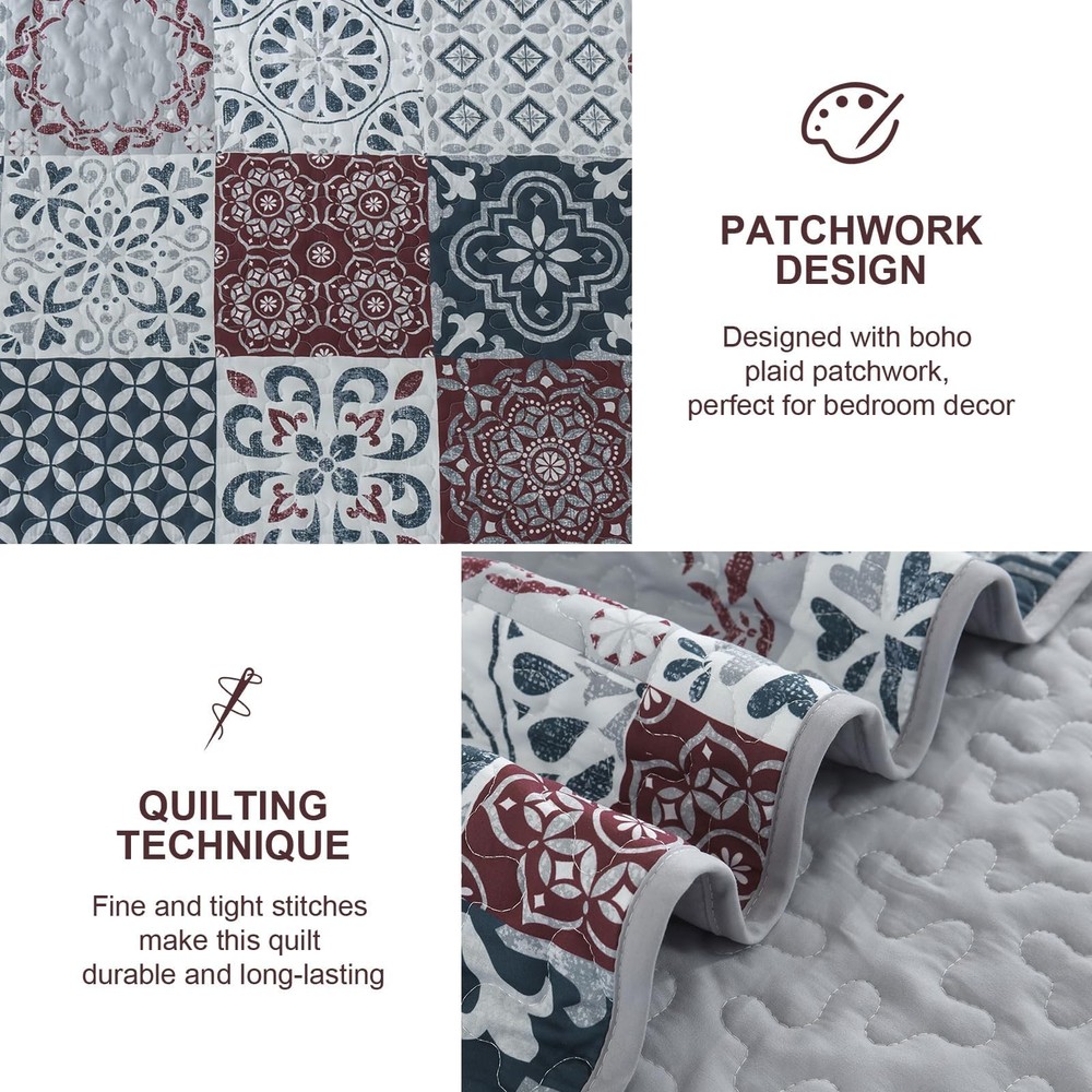 Dobuyly Patchwork Quilt Set Queen Size Boho Plaid Bedspread Queen, Red Grey