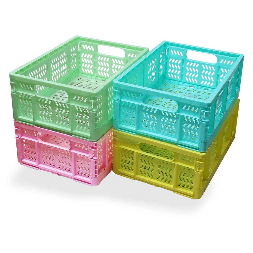 PTEREIW 20L Folding Crate, 4Pack Plastic Storage Baskets MIX COLOR-4PACK