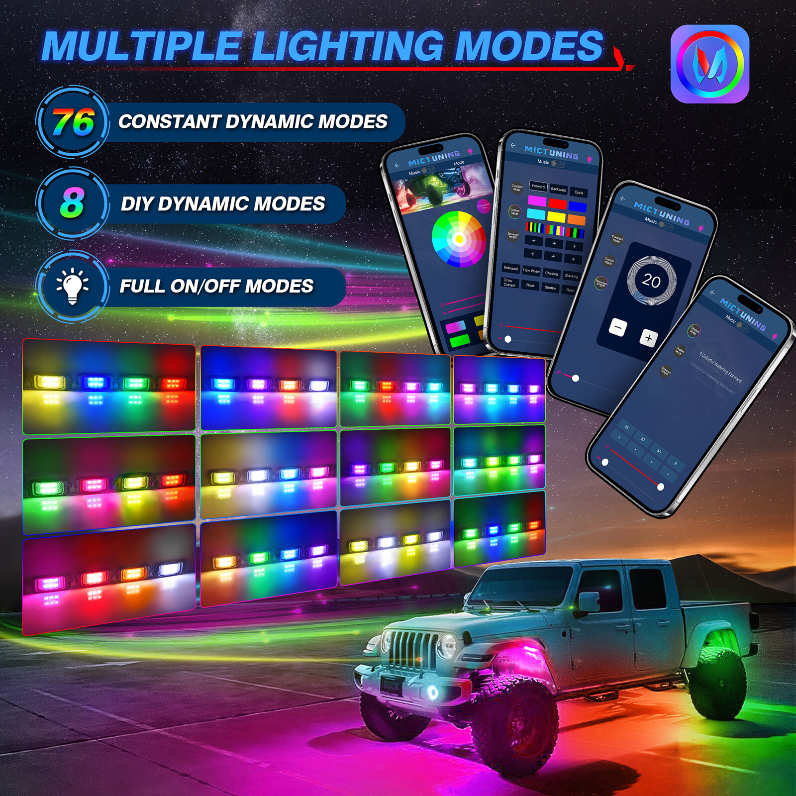 MICTUNING 8 Pods RGB+IC Chasing LED Rock Lights - Underglow Neon Light Kit Truck