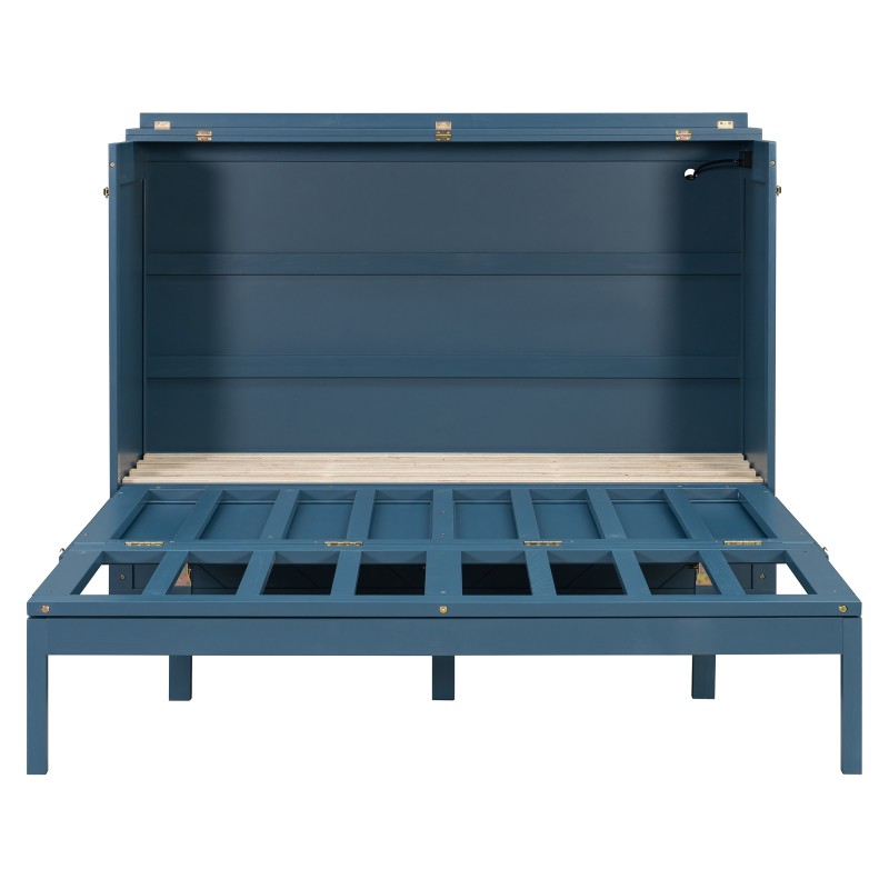 Queen Size Murphy Wall Bed Space Saving Cabinet with Drawer USB Sockets Navy Blu