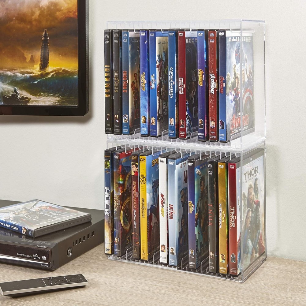 Stackable Clear Plastic DVD Organizer with Rubber Feet | Rectangular Holder Perf