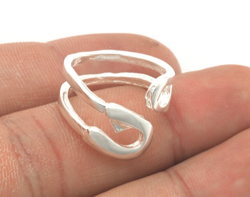 Safety Pin Statement Adjustable Ring Shiny silver plated brass7-9 size 4334