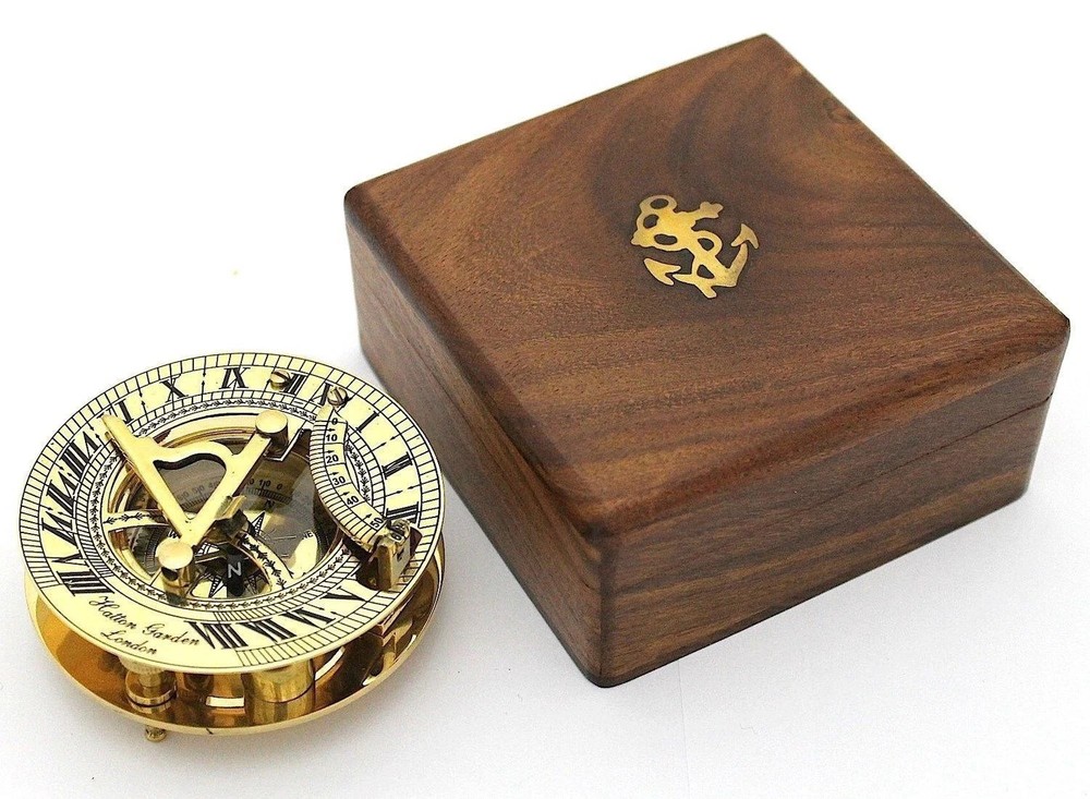 Sundial Compass Solid Brass Vintage Nautical Retro Steampunk Polished Box