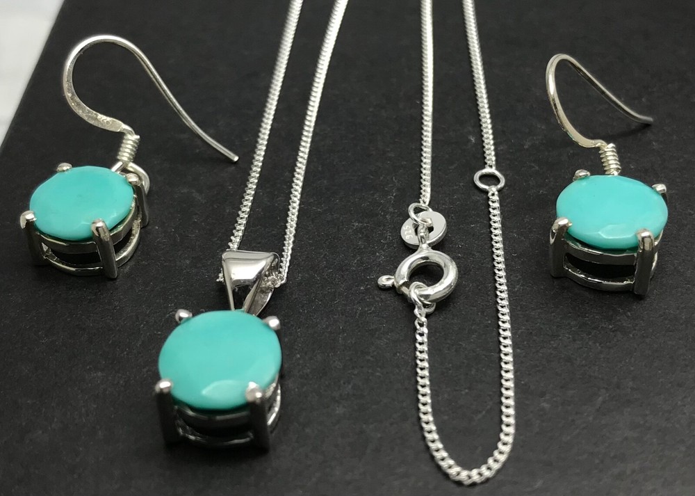 turquoise drop earrings pendant set solid Sterling Silver natural Round. Box.