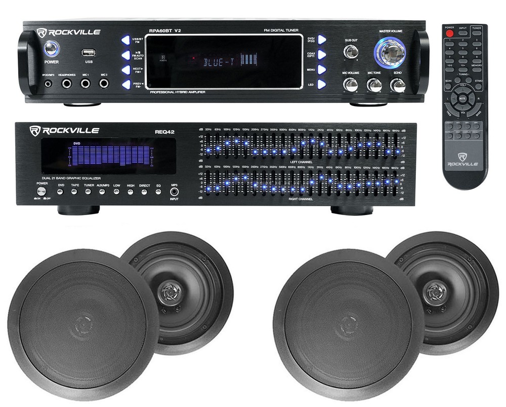 Home Theater Bluetooth Receiver+Equalizer EQ+(4) 6.5" Black Ceiling Speakers