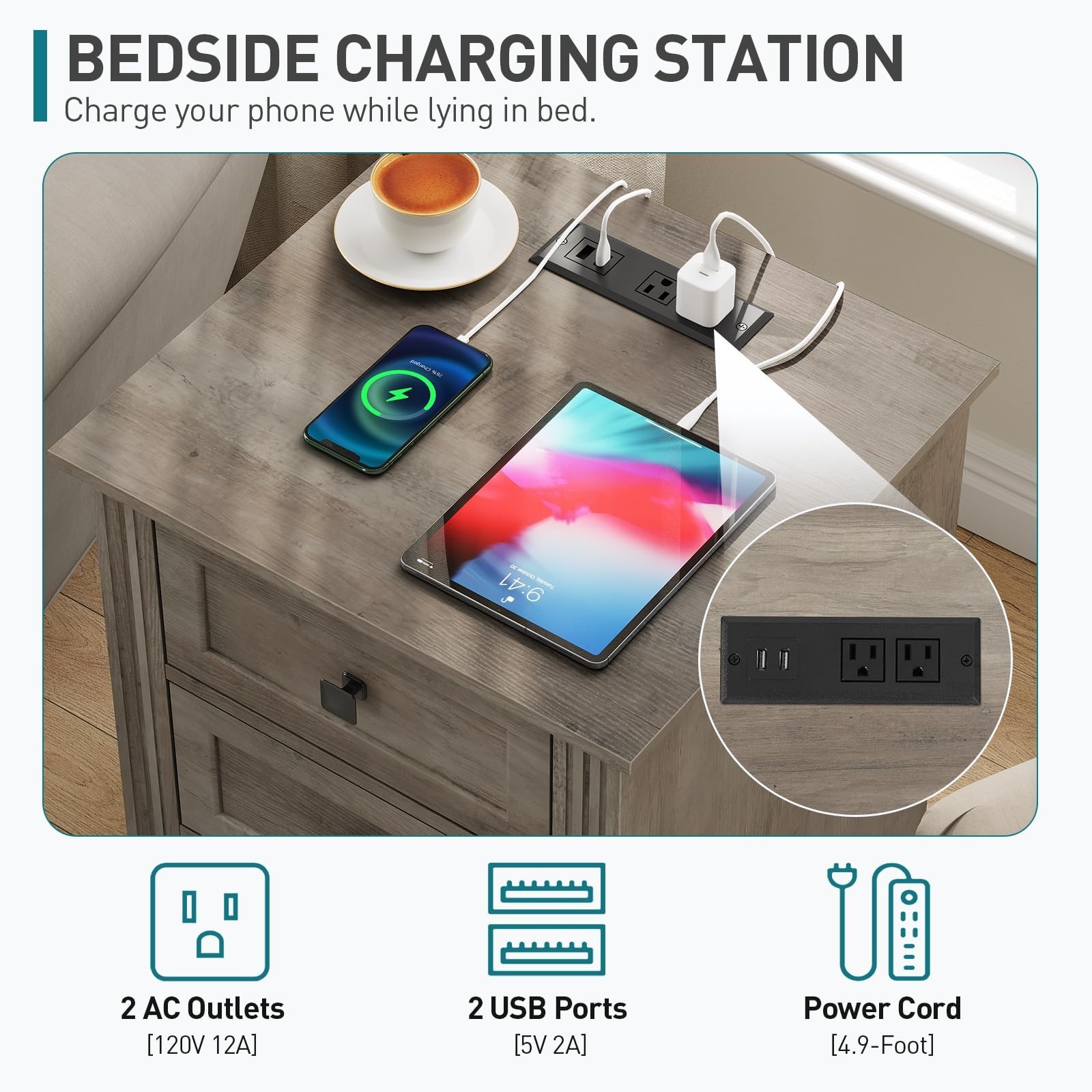 Nightstand with 3 Drawers, 18 Inch Wide End Table with Charging Station, Farm...