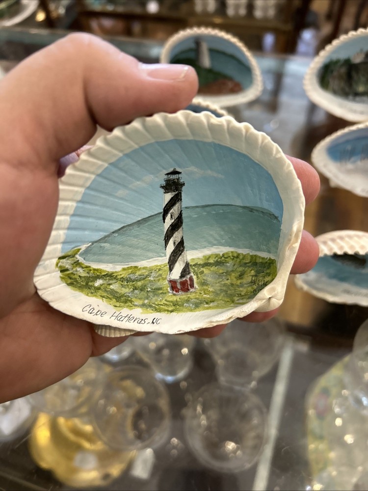 Vintage Cape Hatteras, NC - Hand Painted Lighthouse On Sea Shell Signed Heser