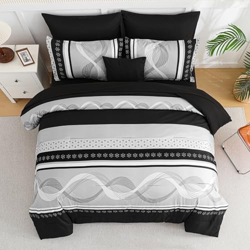 Comforter Set Size,8 Pieces Boho Bed in a Bag Patchwork Striped King Black