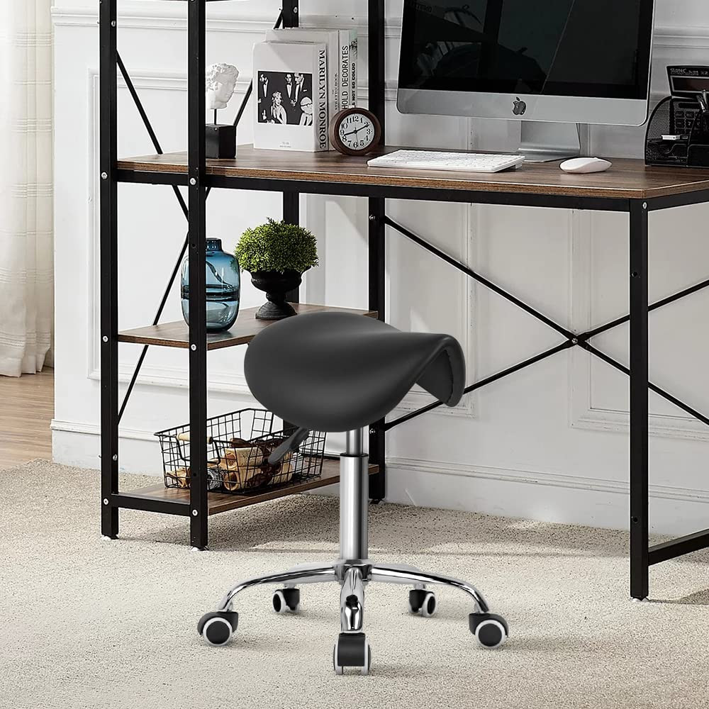 Rolling Saddle Stool PU Leather Swivel Adjustable Rolling Stool with Wheels S...