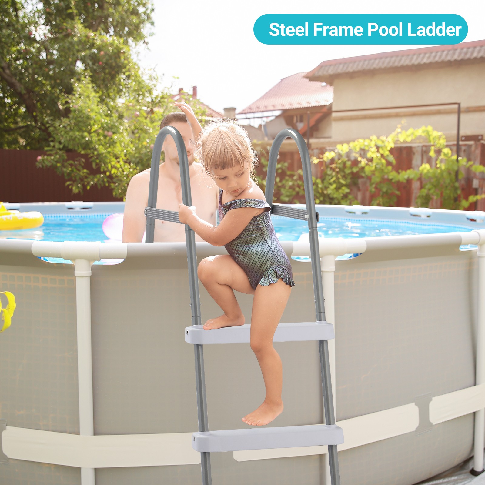 52" Swimming Pool 4-Steps Ladder, Coated Steel Frame Improve Stability Outdoor