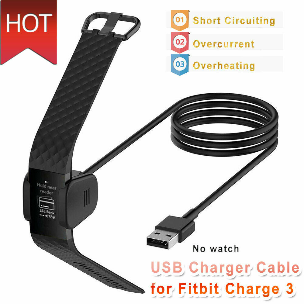 Fitbit Charge 3 Replacement KIT : 2 Large Bends Black+USB Charger Cable 40''