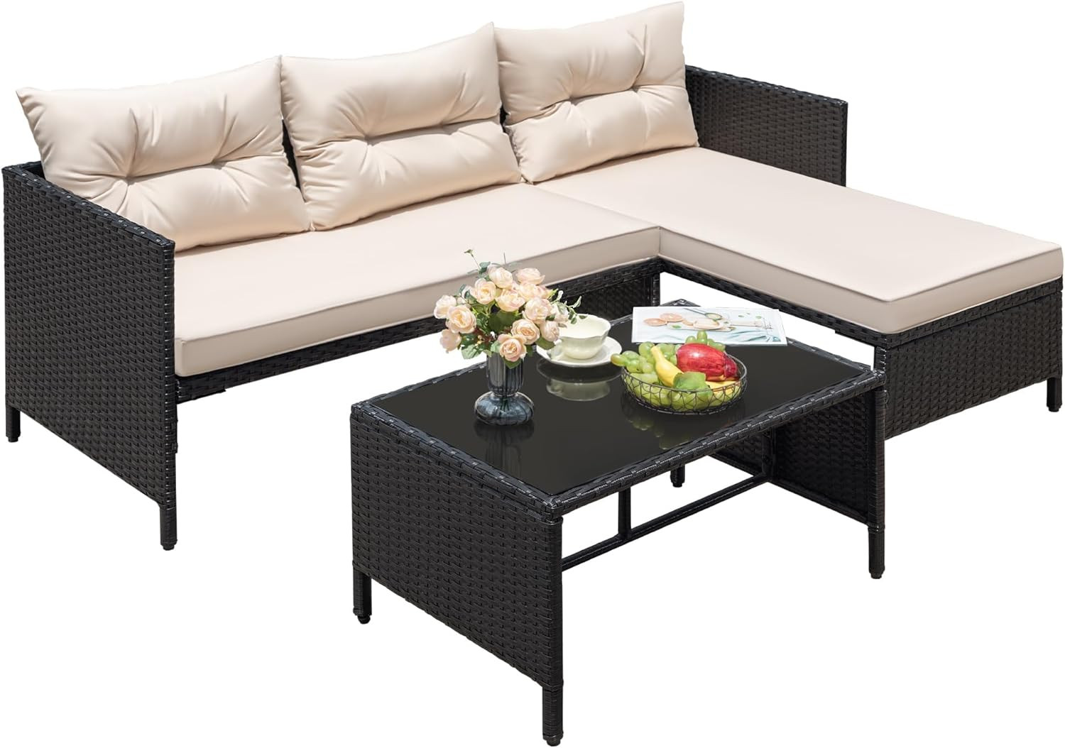 3 Piece Patio Furniture Set Outdoor Wicker Rattan Sectional Sofa with Cushions &