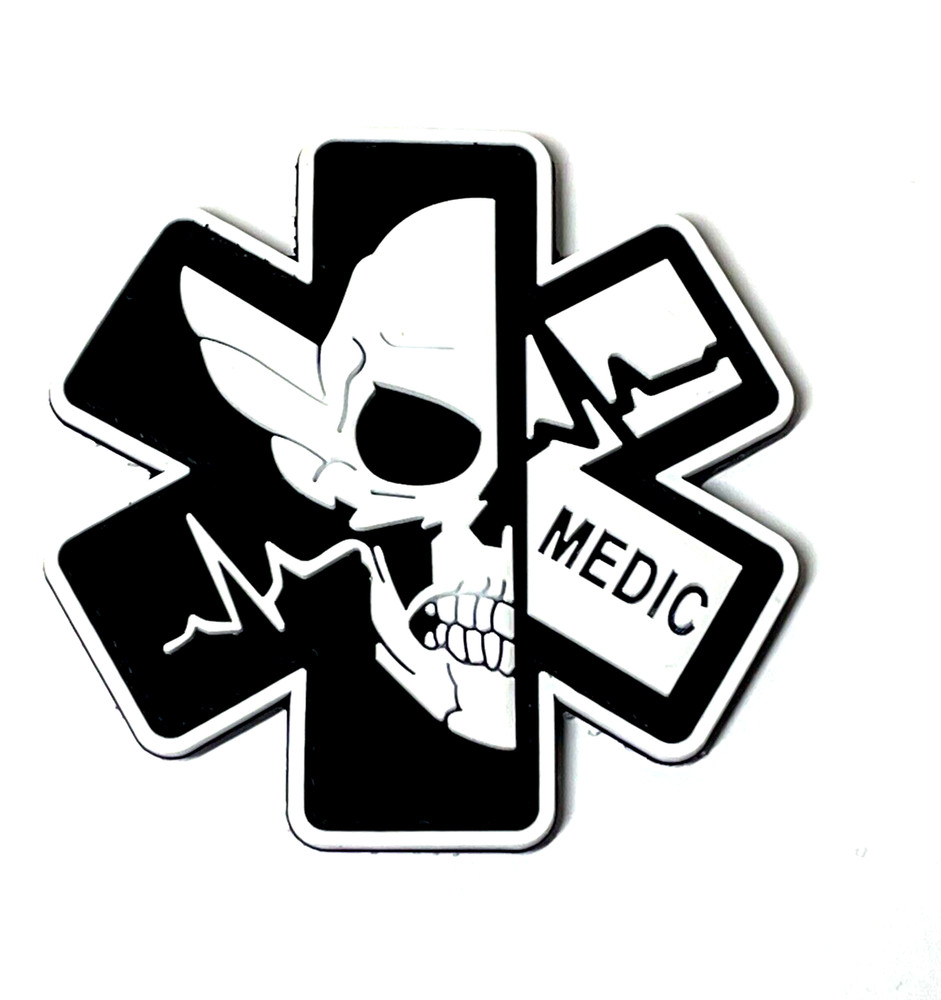 3D Skull Medic PVC Patch, Paramedic EMT White Black Patch, Hook and Loop