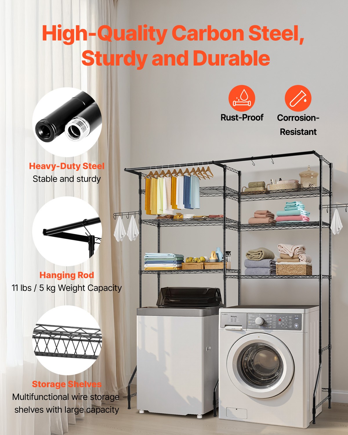 VEVOR Over Washer and Dryer Storage Shelf Two Row 6 Tiers Washer Rack Black