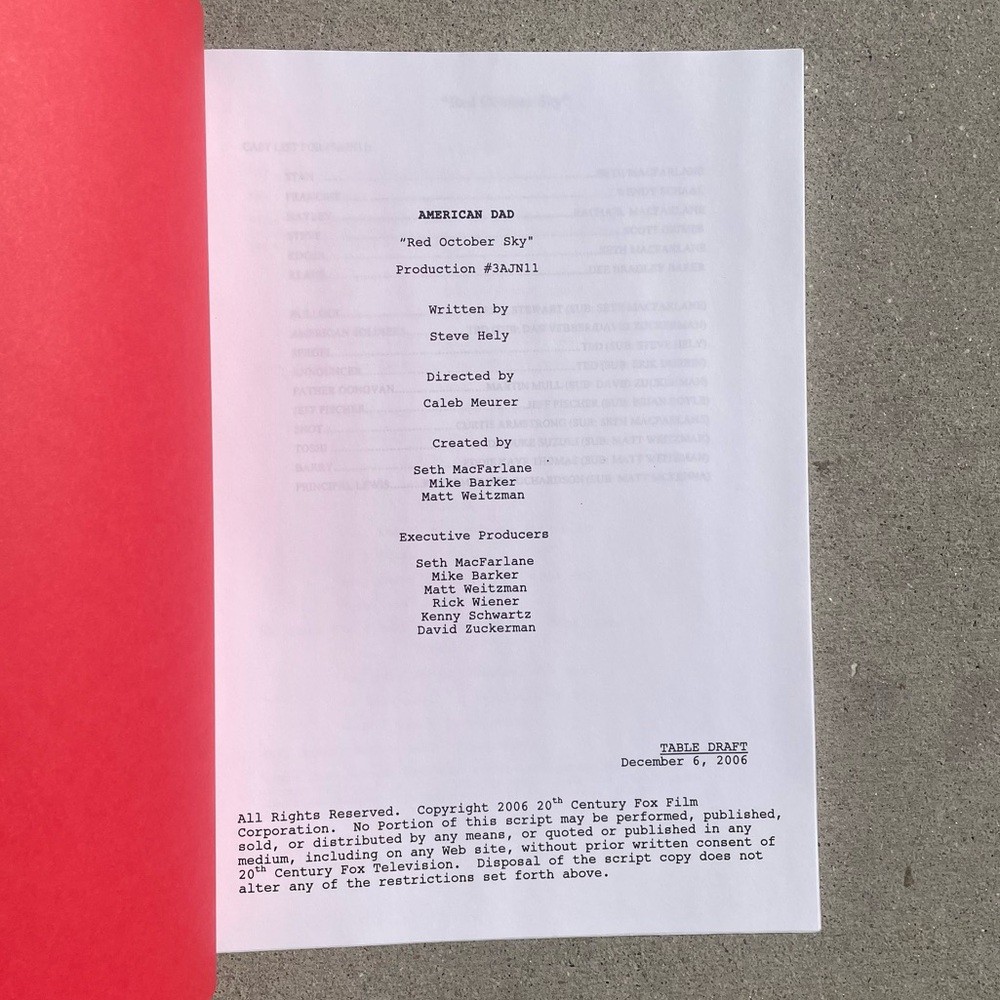 American Dad 2006 Original Production Used Table Draft Script Ep Red October Sky